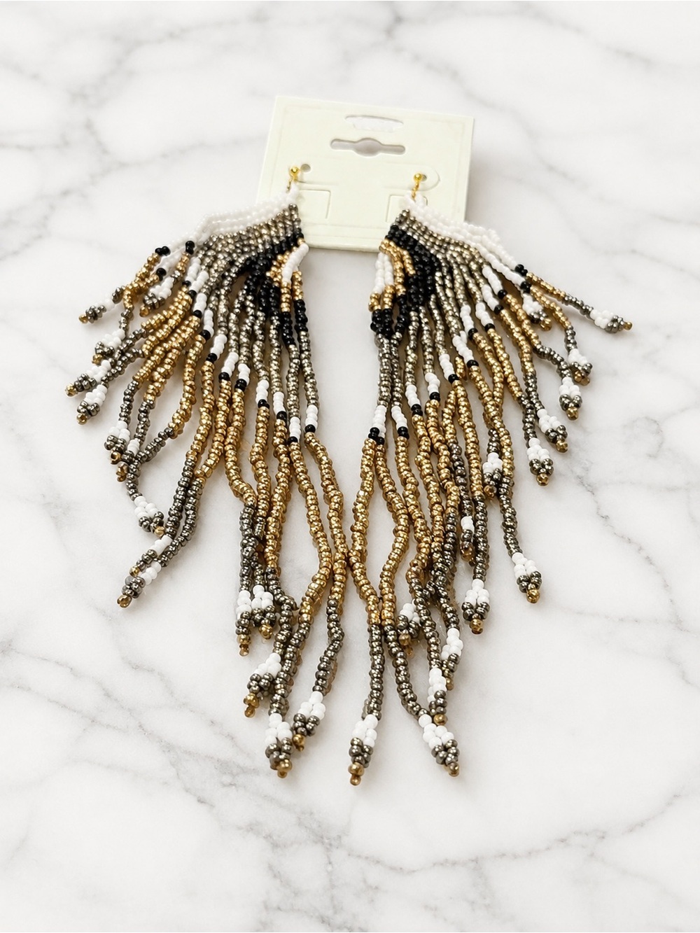 Icon Beaded Fringe Statement Earrings Gold Silver White Black NWT